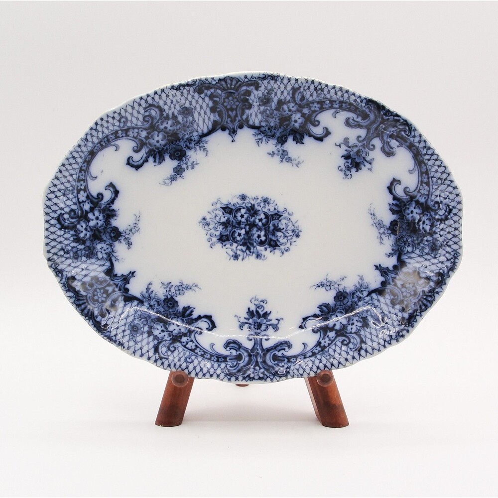 Antique New Wharf Pottery Royal Flow Blue Semi Porcelain Oval Platter 1891 9"x7"